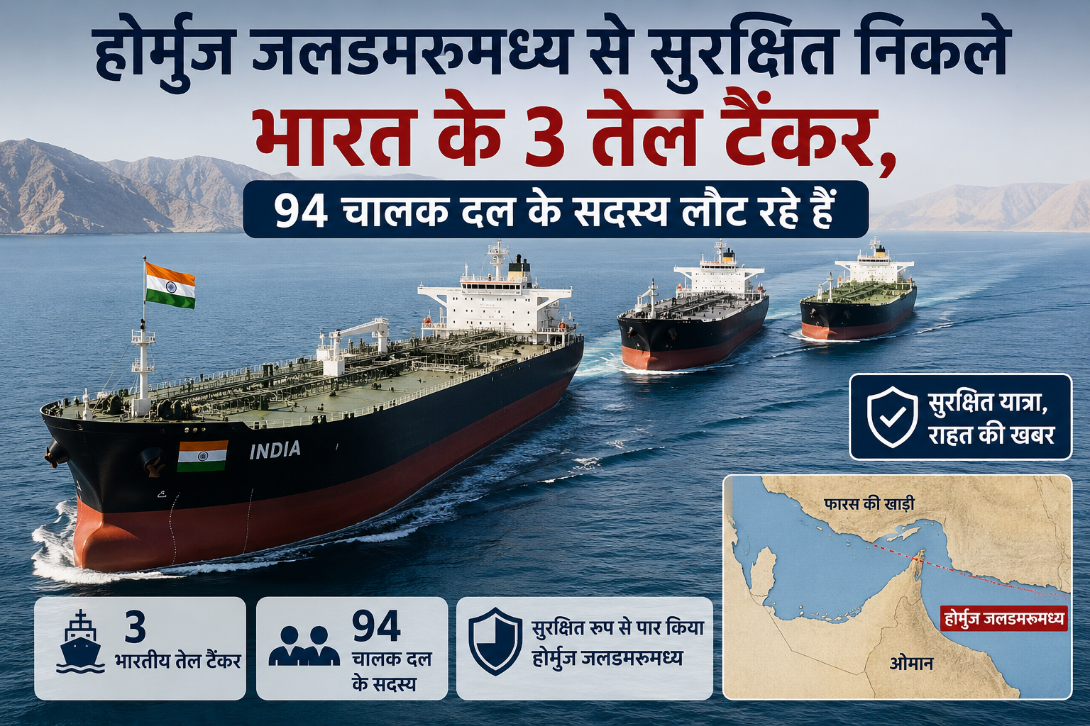 होर्मुज जलडमरूमध्य से सुरक्षित निकले भारत के 3 तेल टैंकर, 94 चालक दल के सदस्य लौट रहे हैं